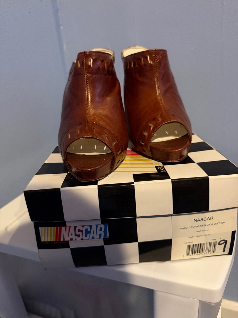 Nascar Brown Leather Open-Toe Mule Heels